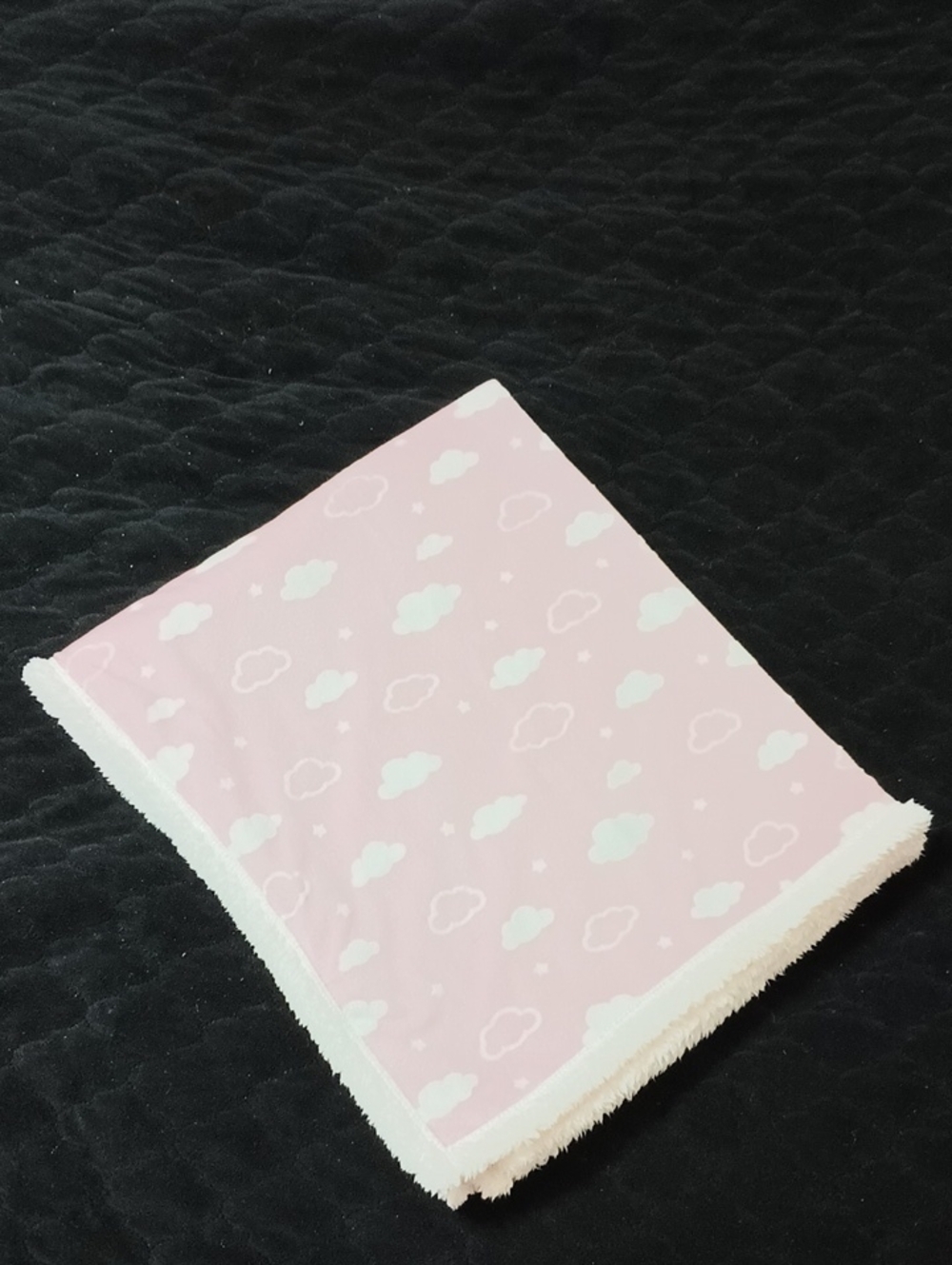 Beautiful Pink Baby Girl Plush Blanket With Clouds. Size: 34.5x30